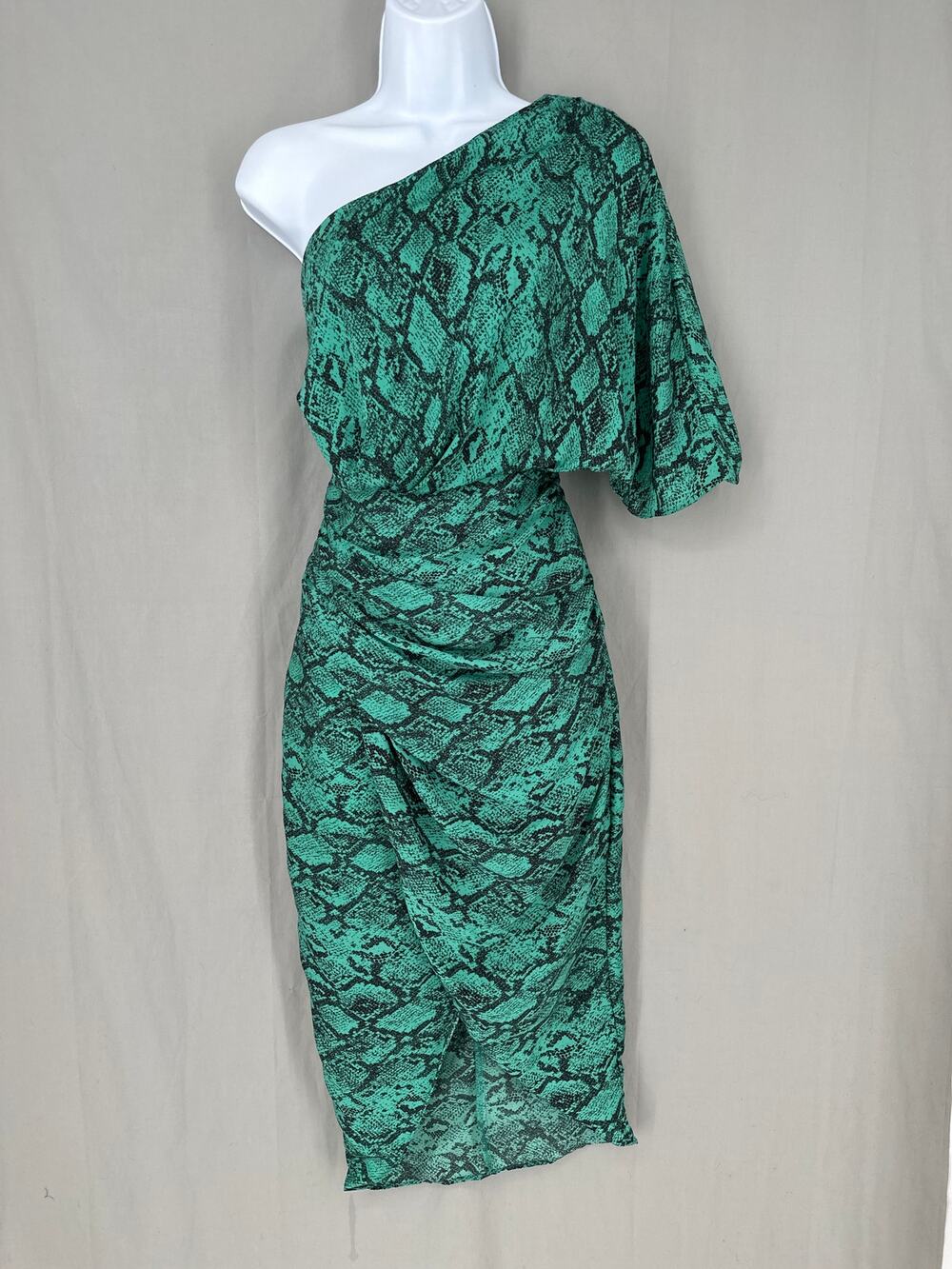 Do Be Revolve Dress Small Green Midi Snake Print One Shoulder Ruched Party Black